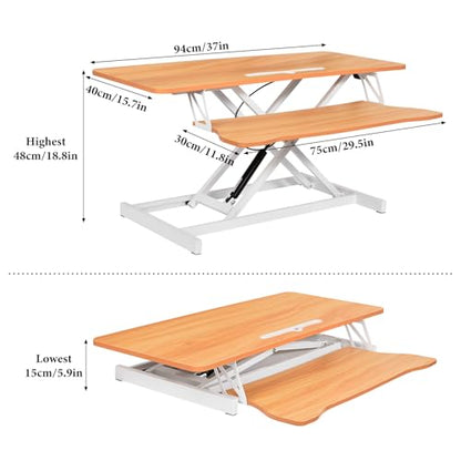 Standing Desk Converter 37 Inch – Height Adjustable Desk Riser with GasSpring Lift, Duals Screen Converter and Laptop Workstation, Sit Stand Ergonomic Riser with Wide Keyboard Tray for Offices (Wood) - color: Natural Wood