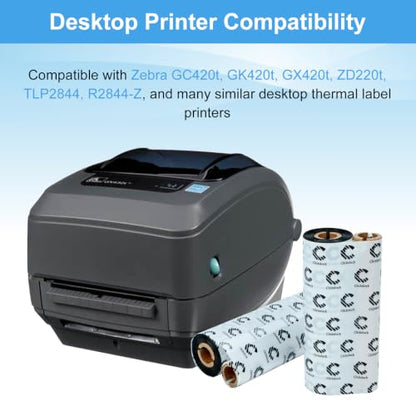 Enhanced Wax Thermal Transfer Ribbon, 4.33'' x 244', 4 Rolls | 110mm x 74m Black Barcode Label Printer Ribbon with 0.5 In Core for Zebra Desktop Printers, Crisp, Durable Print Quality - size: 4 Rolls-4.33''x244'