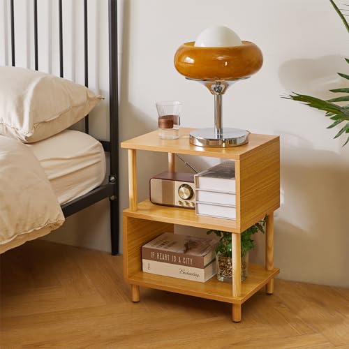 Aibiju Wooden Night Stand with Open Shelf, Nightstand with Solid Wood Legs, S-Shaped Bed Side Table 3 Tier, End Table Natural Wood YD-TM152N - color: Natural Wood
