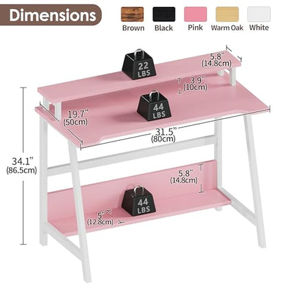 ALISENED 31.5 Inch Small Office Desk with Storage, Small Desk for Small Spaces, Compact Home Office Desk, Mini Study Desk for Bedroom, Pink