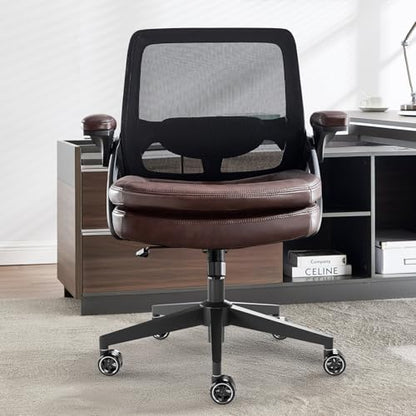 Big and Tall Office Chair, 500lbs Heavy Duty Ergonomic Mesh, Brown | Flip-Up Armrests, Plus Size PU Leather Wide Seat, 360° Swivel Computer Executive Task Chair for Home Office, Up to 500LBS Cap - color: Brown, size: 2BOX