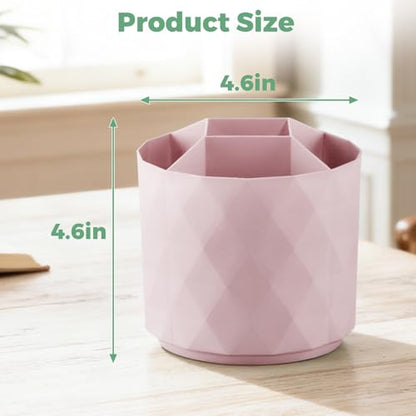 Desk Pencil Pen Holder, 5 Slots 360-Degree Rotating Desk Organizer, Diamond Pattern Desktop Storage Stationery Supplies Organizer, Cute Desk Accessories for Office, School, Home, Art Supply (Pink)