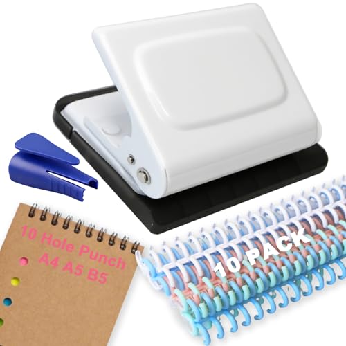 10 Hole Punch Binding Machine for Planner, Manual Binding System with 10 Multi-Color Binder Rings for Making 26 Holes on B5, 30 Holes on A4, 20 Holes on A5 Book, 10 Sheet Capacity - White - color: White