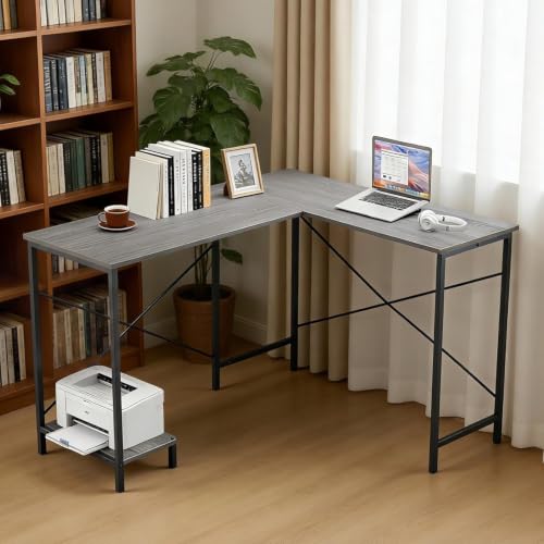 L Shaped Desk, 50 Inch Reversible Computer Desk Corner Gaming Table with CPU Stand, Sturdy Metal Frame PC Workstation for Home Office - color: Grey Wood