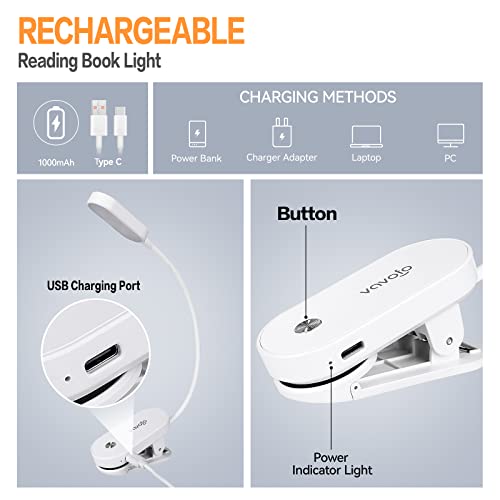 VAVOFO Rechargeable Book Light, 14 LEDs Eye Care Clip On Amber Reading Light for Bookworms Reading in Bed with 9 Colors 9 Brightness (White) - color: White