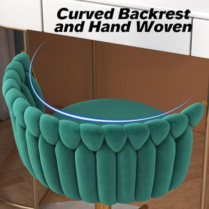 HENGJIANYI Velvet Woven Home Swivel Vanity Desk Chair with Gold Base, Green | Modern Height Adjustable Office Chair with Metal Base and Hand Weaving Back Wheels for Bedroom Study Small Space girl women - color: Green