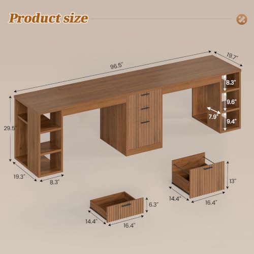 SEDETA Fluted 96.5" 2 Person Computer Desk with Storage Drawers - color: Fluted Brown
