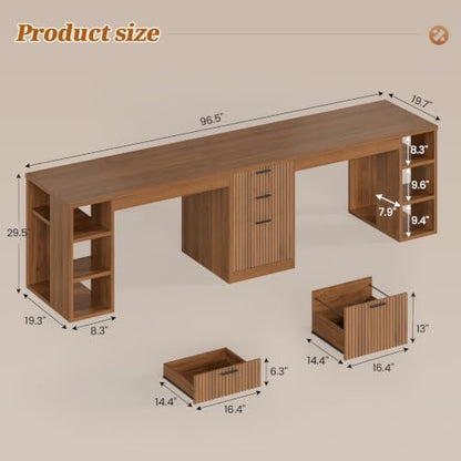 SEDETA Fluted 96.5" 2 Person Computer Desk with Storage Drawers - color: Fluted Brown
