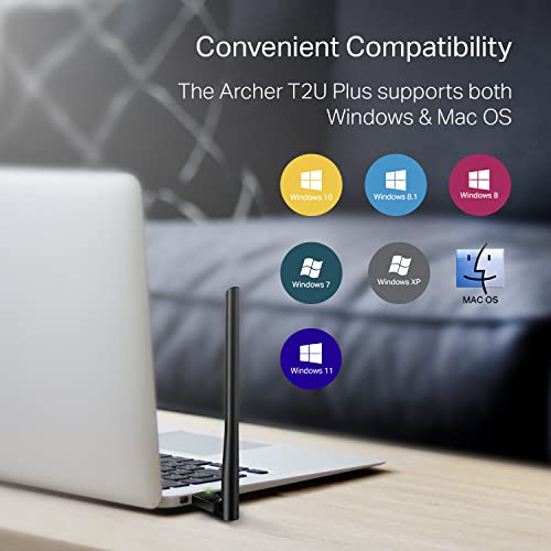 TP-Link AC600 USB WiFi Adapter for Desktop PC - USB Wireless Adapter for PC | WiFi dongle for PC with 2.4GHz, 5GHz High Gain Dual Band 5dBi Antenna, Supports Win11/10/8.1/8/7/XP, Black (Archer T2U Plus) - size: AC600, WiFi 5