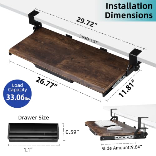 ETHU Keyboard Tray Under Desk with Metal Rail, 26.8x12.2", Walnut - color: Wood, size: 26.8"x12.2"
