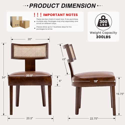 HNY Mid Century Modern Rattan Dining Chairs Set of 2, Farmhouse PU Leather Upholstered Accent Chair Curved Backrest Kitchen Chairs, with Hardwood Frame, Brown - color: Brown Rattan