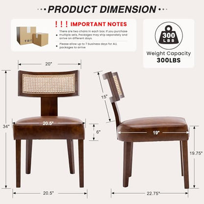 HNY Mid Century Modern Rattan Dining Chairs Set of 2, Farmhouse PU Leather Upholstered Accent Chair Curved Backrest Kitchen Chairs, with Hardwood Frame, Brown - color: Brown Rattan