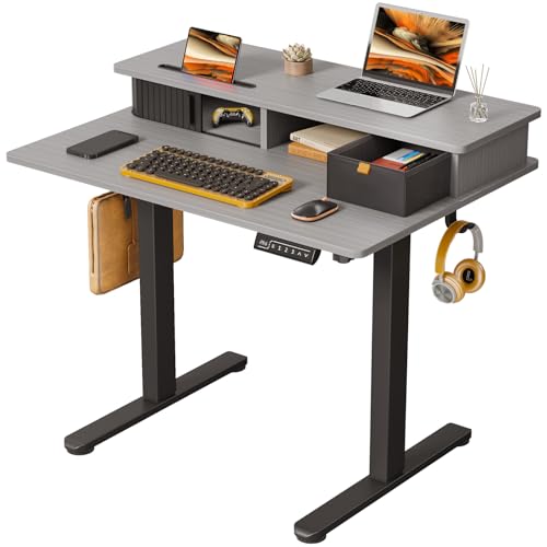 JOY worker 35" Electric Standing Desk Height Adjustable with Storage Shelf | Grey 35" x 25" Height Adjustable Desk for Small Space, Shutter Door & Drawer, Sit Stand Table with 2 Hooks for Home Office - color: Grey, size: 35inch