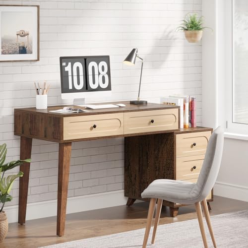 Tribesigns 51-Inch Computer Desk with 5 Drawers, Rustic Brown Office Desk with Reversible Drawer Cabinet, Wooden Study Writing Table Workstation with Storage for Small Spaces