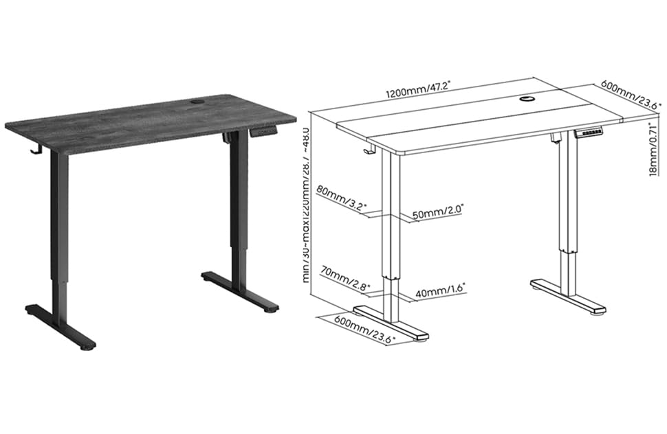 Duramex (TM) Single Motor 2 Segments Max. Height 1220MM Electric Sit Stand Desk Frame with 120cm x 60cm / 47" x 23.6" 2 Pieces Black Table Top with Memory Controller