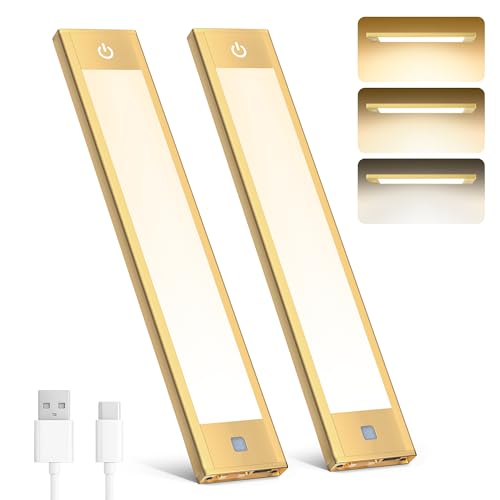 V4light Motion Sensor Cabinet Light, Rechargeable, Dimmable, 2Pcs, 9in | Gold aluminum, magnetic wireless, 1800mAh, 3 color temps & dimmable, ideal for kitchen cabinets, shelves & closets - color: Gold