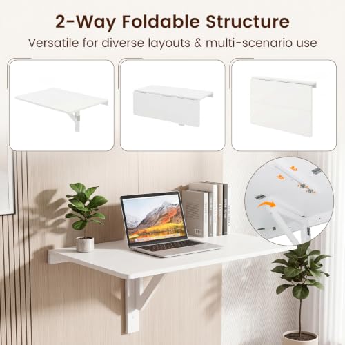 Tangkula 31.5" Wall Mounted Folding Desk, Drop-Leaf Floating Desk with Spacious Surface, Space-Saving Foldable Wall Table for Study, Bedroom, Laundry, Balcony & Small Spaces - color: White