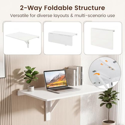 Tangkula 31.5" Wall Mounted Folding Desk, Drop-Leaf Floating Desk with Spacious Surface, Space-Saving Foldable Wall Table for Study, Bedroom, Laundry, Balcony & Small Spaces - color: White