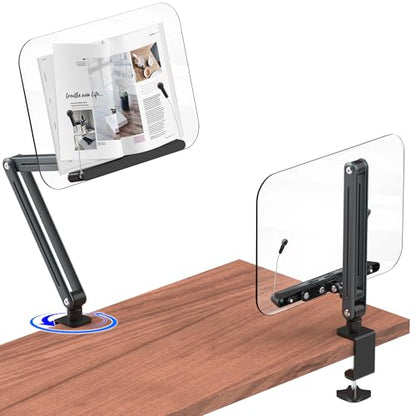 Desk Clamp Acrylic Book Stand for Reading, Ergonomic Design Adjustable Height up to 20 inches with Rotating Bases Cookbook Stand, Suitable for Recipe, Sheet Music, Tablet(Gray)