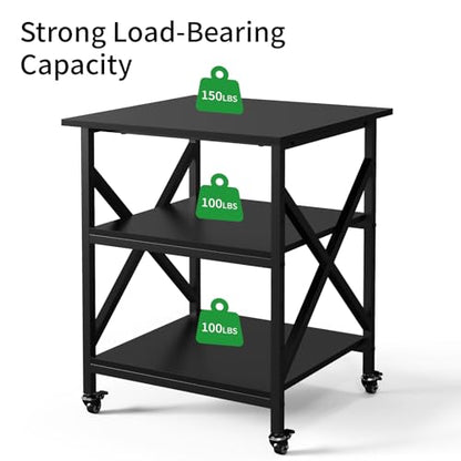 3 Tier Printer Stand, Large 23.6"x23.6" Printer Table with Wheels | 3d Rolling Printer Cart with Height Adjustable Storage Shelf,Fit printer/fax/3d/scanner for Home Office, Black - color: Black