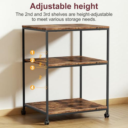 Large Printer Table with Storage, 3 Tier Printer Stand for Home Office, Rolling Printer Cart with Wheels, for Shredder Scanner Fax (Brown) - color: Brown