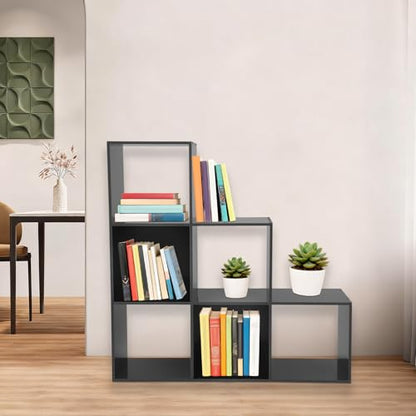 3-Tier Stepped Bookshelf, 6 Cube Storage Organizer, Freestanding Ladder Bookcase, L-Shaped Corner Shelf, Room Divider Shelf, 35.4" Tall Modern Display Shelf for Home Office Living Room - size: 6-Cube/L-Shaped