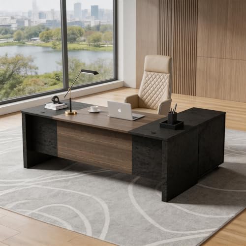 Executive Office Desk with Mobile File Cabinet, Retractable L Shaped Desk with Drawers & Cable Management, Modern Wood Office Desk for Home Office, Studio & Business Workspace (Dark Walnut, 70.86"W) - color: Dark Walnut, size: 70.86"W