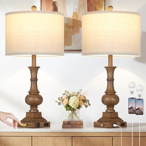 26" Tall Farmhouse Rustic Table Lamps for Living Room Set of 2, Vintage Retro Nightstand Table Lamp with USB C+A Charging Ports & AC Outlet, 3-Way Dimmable Touch Control Bedside Lamp for Bedroom Brown - color: Brown