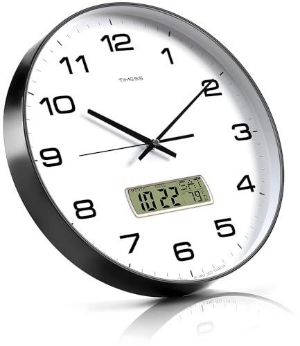 Wall Clock, 10" Dial Non-Ticking Silent Battery Operated Analog with LCD Display for Perpetual Calendar and F° Temperature, Ideal Modern Home, Bedroom, Kitchen, Office Decor (Black) | Perpetual calendar, Fahrenheit temperature, easy-to-read analog dial, b