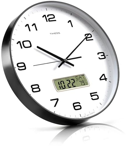 Wall Clock, 13" Dial Non-Ticking Silent Battery Operated Analog with LCD Display for Perpetual Calendar and F° Temperature, Ideal Modern Home, Bedroom, Kitchen, Office Decor(Black) | Perpetual calendar, Fahrenheit temperature, easy-to-read analog dial, ba
