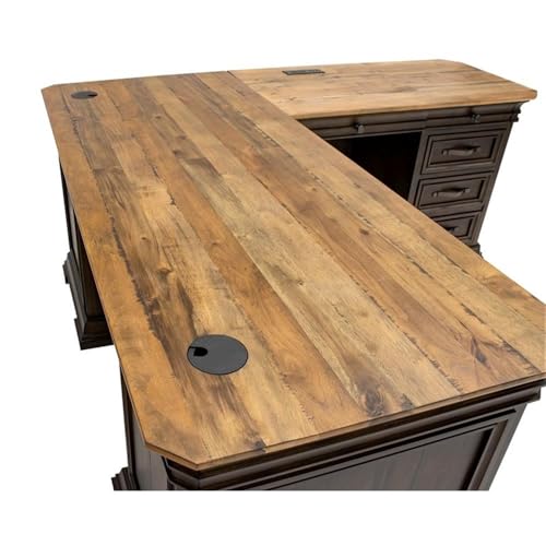 Bowery Hill Executive L-Desk & Return, 68 x 72 x 30 in, Solid Wood Plank Top, Brown Finish, Two-Tone Design, Antique Bronze Hardware, Dropfront Drawer, AC/USB Power Center, Fully Assembled Office Desk
