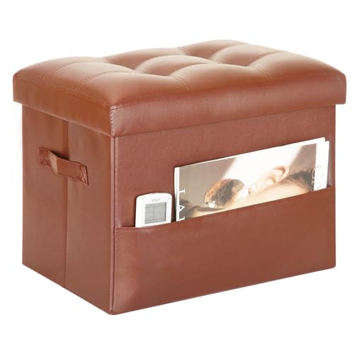 Storage Ottoman, Folding Foot Rest for Living Room, Bedroom, Light Brown | Small Ottoman with Storage with Thicker Foam Padded Seat, Foot Rest Stool Under Desk with Side Pockets & Handles, 17x13x13in - color: Light Brown, size: 17"D x 13"W x 13"H