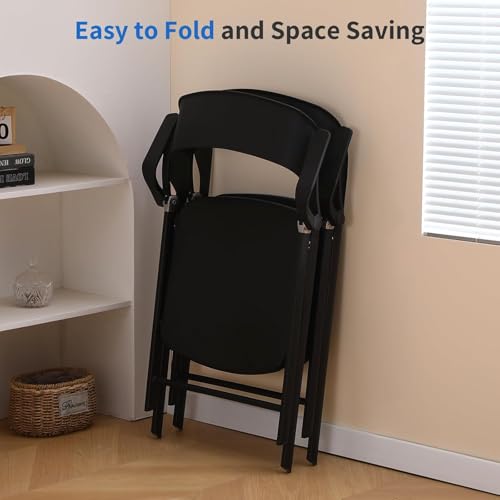KAIHAOWIN 4 Pack Plastic Folding Chair with Armrest, Heavy Duty Foldable Chairs with Steel Frame Commercial Stackable Guest Chairs for Indoor and Outdoor-Black (Black) - color: Black X 4