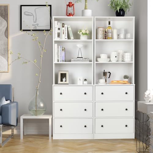 VOWNER Vertical File Cabinet, 3-Tier Modern Bookshelf with 3 Large Drawer, Wood Filing Cabinet with Open Storage Shelf, Glass Doors and Adjustable Shelves for Home Office, White (A)