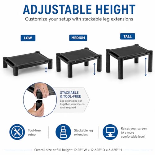 Mount-It! Monitor Stand Riser with Storage, 13-32", Black | Height adjustable desk shelf for monitor & printer, large 19" platform holds up to 22 lbs, desk organizer.