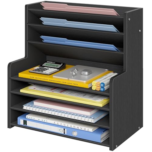 7 Tier Black Desk Organizer with File Holder, Wood Desktop Paper Organizer for Office Organization, Vertical Document Sorter and Letter Tray for Desk, School Storage Orgnizer Shlef - color: Black