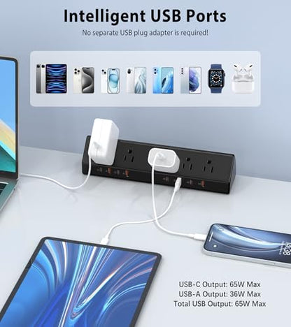 Jgstkcity Desk Clamp Power Strip,Edge Mount,4 USB C,65W,1200J,Black - color: Black, size: 6 FT