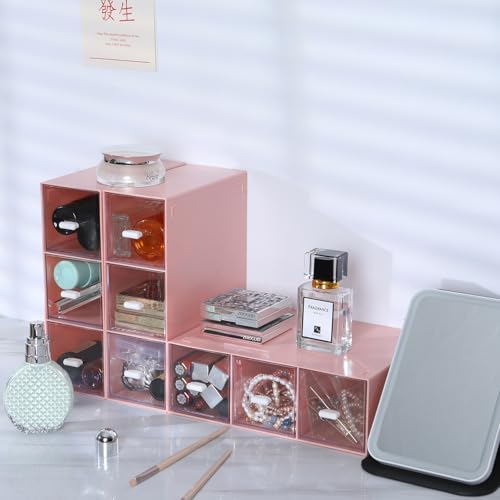 Desktop Organizer With 9 Drawers, Pencil Box, Stationary Organizer | 3 Tiers Pink, Plastic Mini Drawers, Small Pen Storage Boxes, Toolbox, Stackable Makeup Organizer, Stationary Organizer - color: 3 Tall Layers & 9 Drawers, Pink