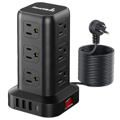 Extension Cord with Multiple Outlets, SMALLRT Power Tower, 15 FT Power Strip with USB Ports, 12 AC Outlets, Outlet Extender for Home Dorm Room Essentials, Office Supplies,Overload Protection - color: Black, size: 15 Ft without wireless charging