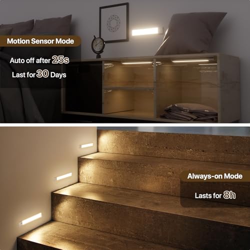 Rechargeable Under Cabinet Llighting Wireless Motion Sensor, 2 Pack | Magnetic 8 Inch Closet Lights Battery Operated 3 Color Dimmable, for Kitchen Counter Stairs