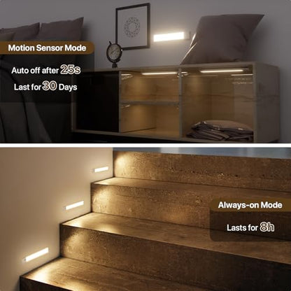 Rechargeable Under Cabinet Llighting Wireless Motion Sensor, 2 Pack | Magnetic 8 Inch Closet Lights Battery Operated 3 Color Dimmable, for Kitchen Counter Stairs
