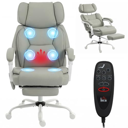 HOMCOM Massage Office Chair with Lumbar Heat Adjustable Headrest Light Gray | Ergonomic Executive Desk Chair, 6 Points Vibration, High Back, Reclining, Padded Armrests, Footrest, PU Leather - color: Light Gray