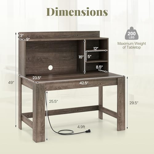Giantex Computer Desk with Hutch, Modern Home Office Desk with Power Outlets, Storage Shelves & Cable Hole, Makeup Vanity Table, Study Writing Desk for Bedroom Office Small Space (Grey Oak) - color: Grey Oak