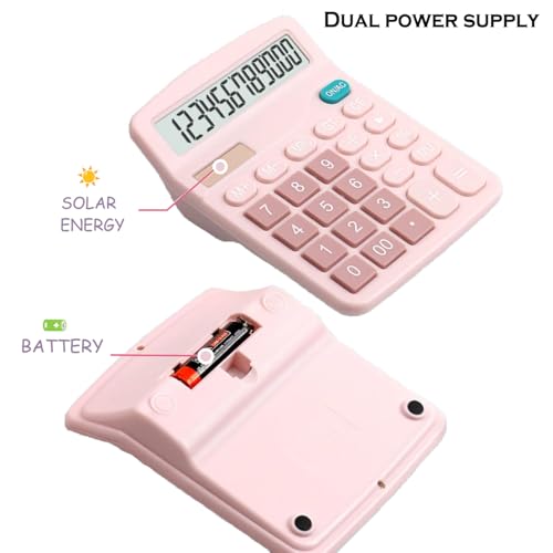 Calculator, 12 Digit Large LCD Display and Sensitive Button, Solar Battery Dual Power Office Calculator, Pink (2 PCS) - style: Pink （2PCS)