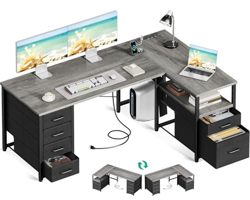 Coleshome 55 Inch L Shaped Office Desk with 6 Drawers, Power Outlet, Grey - color: Grey Oak, size: 55 Inch