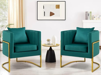 Velvet Accent Chairs Set of 2, Contemporary Barrel Armchairs, Living Room Bedroom Club Chair Set with Pillow, Channel Tufted, Gold Finish Base, Green - color: Green, size: 2 PCS