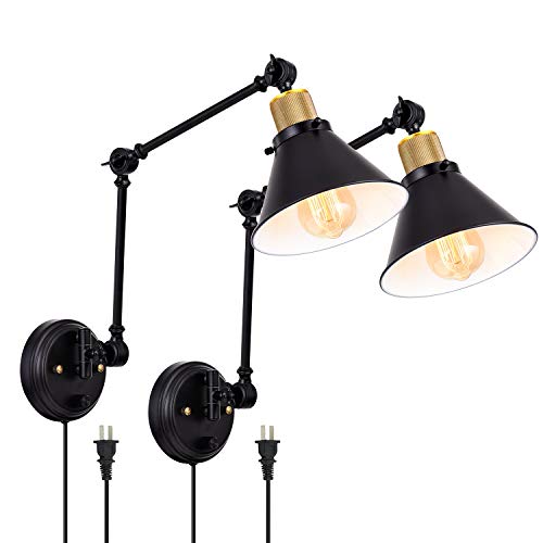 TRLIFE Plug in Wall Sconces, Dimmable Wall Sconce Swing Arm Wall Lights Plug in, Adjustable Wall Mounted Light Wall Lights with 6FT Plug in Cord, E26 Base(Two Arms, 2 Pack) - color: Black, size: 2 Pack- (Switch)