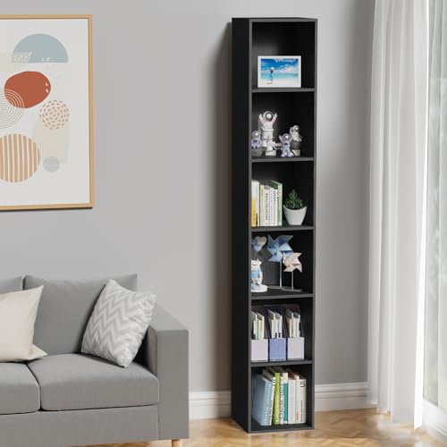 6 Tier Bookshelf, Open Tall Narrow Floor Standing Bookcase, Storage Organizer Bookshelves Freestanding Book Shelf for Living Room, Bedroom, Home Office (Black, 6 Cube) - color: Black, size: 6-Cube