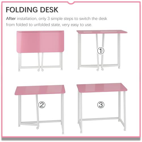 4NM 31.5" Mobile Small Folding Desk, Foldable Rolling Computer Home Office Desk, Study Writing Table for Small Space Saving Bedroom, with Wheels - Pink and White - color: Pink and White, size: 31.5"W x 15.7"D