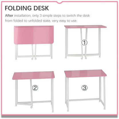 4NM 31.5" Mobile Small Folding Desk, Foldable Rolling Computer Home Office Desk, Study Writing Table for Small Space Saving Bedroom, with Wheels - Pink and White - color: Pink and White, size: 31.5"W x 15.7"D